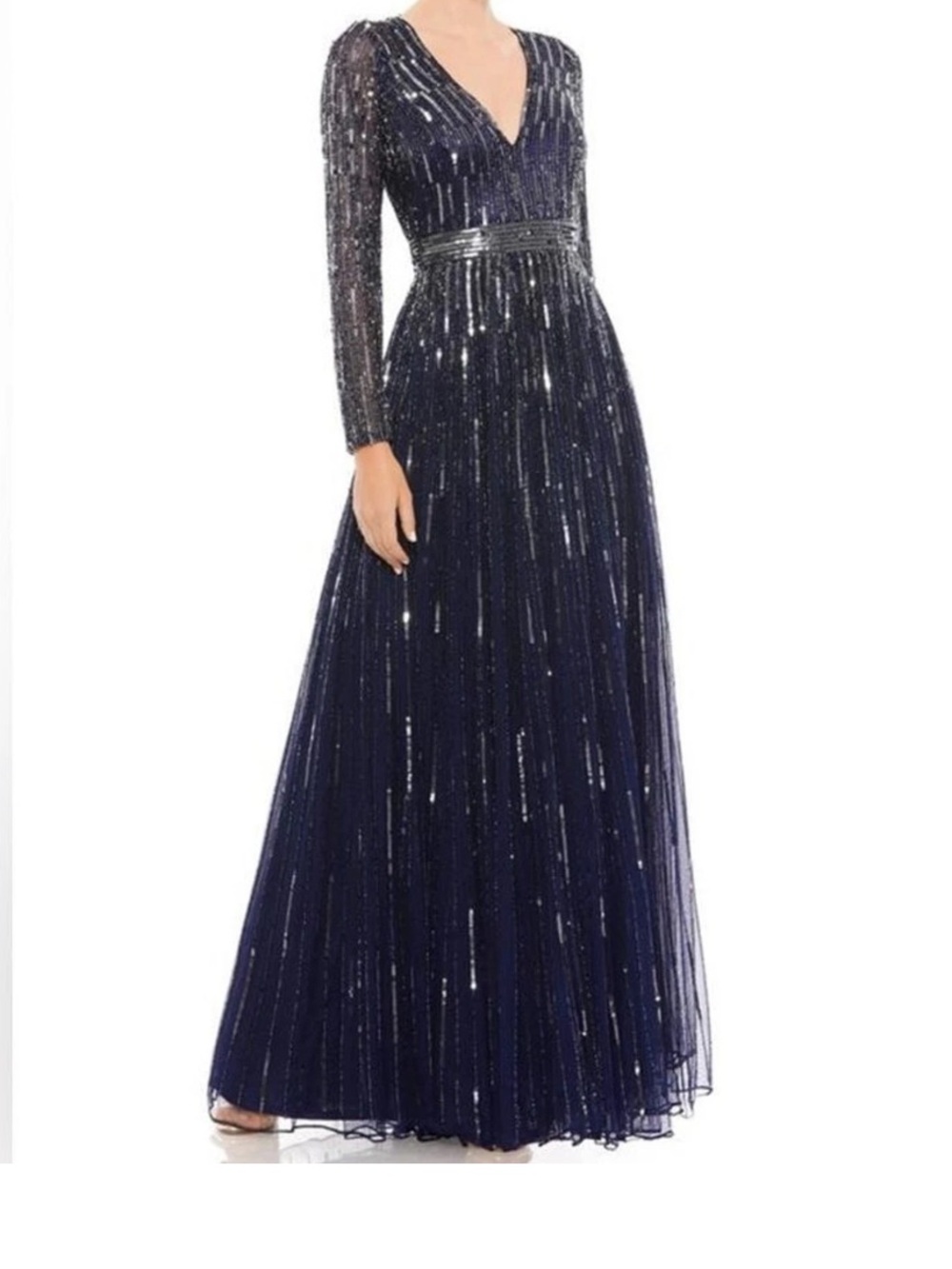Mac Duggal Navy Beaded Long-Sleeve Evening Gown